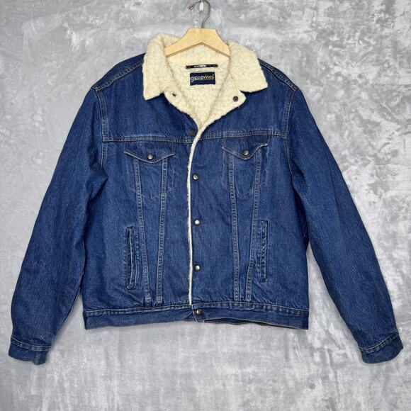 grapevines Other - Vintage Grapevines Jacket Mens 46 Blue Denim Sherpa Lined Wool Trucker 80s
